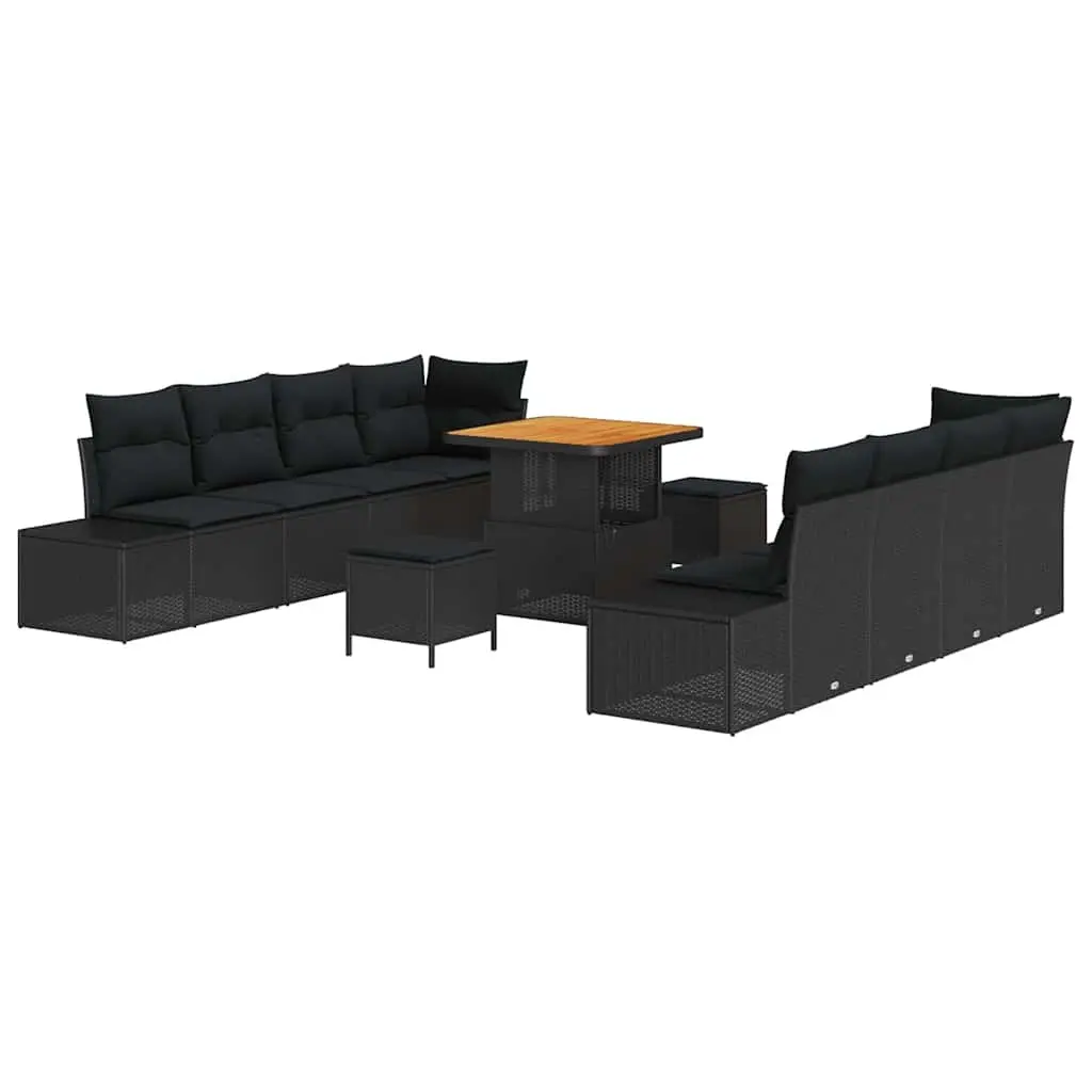 Outdoor Furniture Set 11 Pieces Modern Garden Sofa Black Poly Rattan with Cushions and Height Adjustable Table