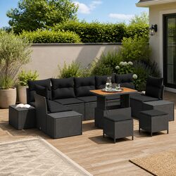 Outdoor Garden Sofa Set 10 Pcs Black Poly Rattan Modular Lounge Furniture with