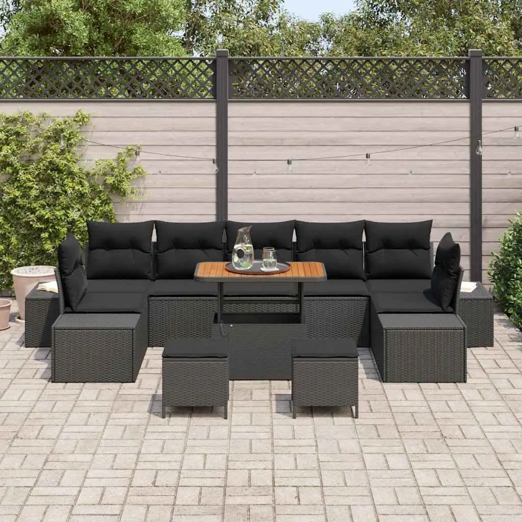 Outdoor Garden Sofa Set 10 Pcs Black Poly Rattan Modular Lounge Furniture with