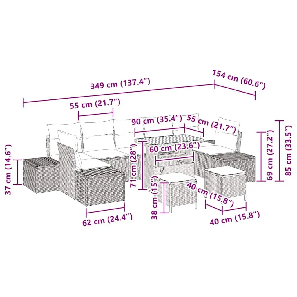 Outdoor Garden Sofa Set 10 Pcs Black Poly Rattan Modular Lounge Furniture with