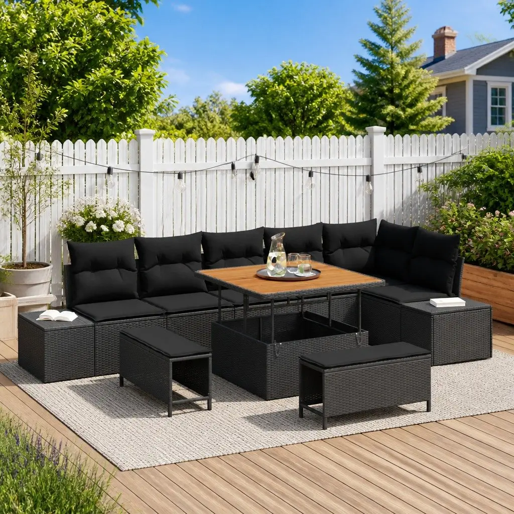 Outdoor Rattan Sofa Set Modular 9 Piece Black Garden Lounge Furniture with Adjustable Table and Removable Cushions