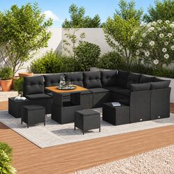 Garden Sofa Set 12-Piece Outdoor Furniture Black Poly Rattan Coffee Table