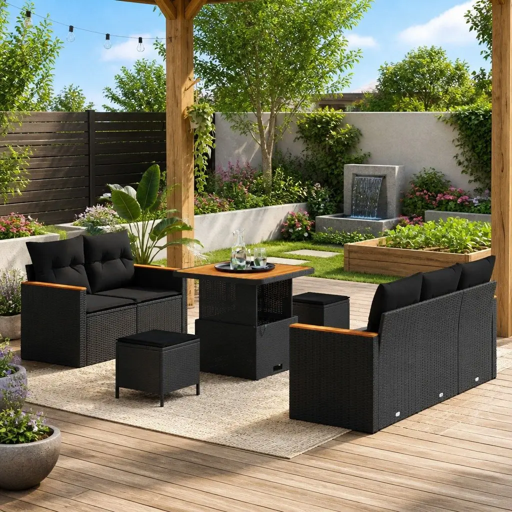 Garden Sofa Set Modular Black Rattan 8 Piece Outdoor Patio Furniture