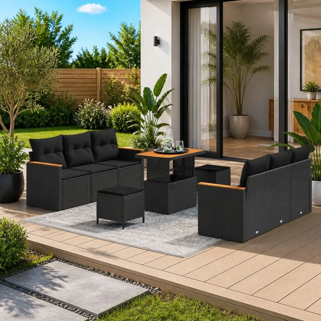 Garden Sofa Set 9 Pieces Outdoor Furniture Black Rattan Patio Lounge Sectional