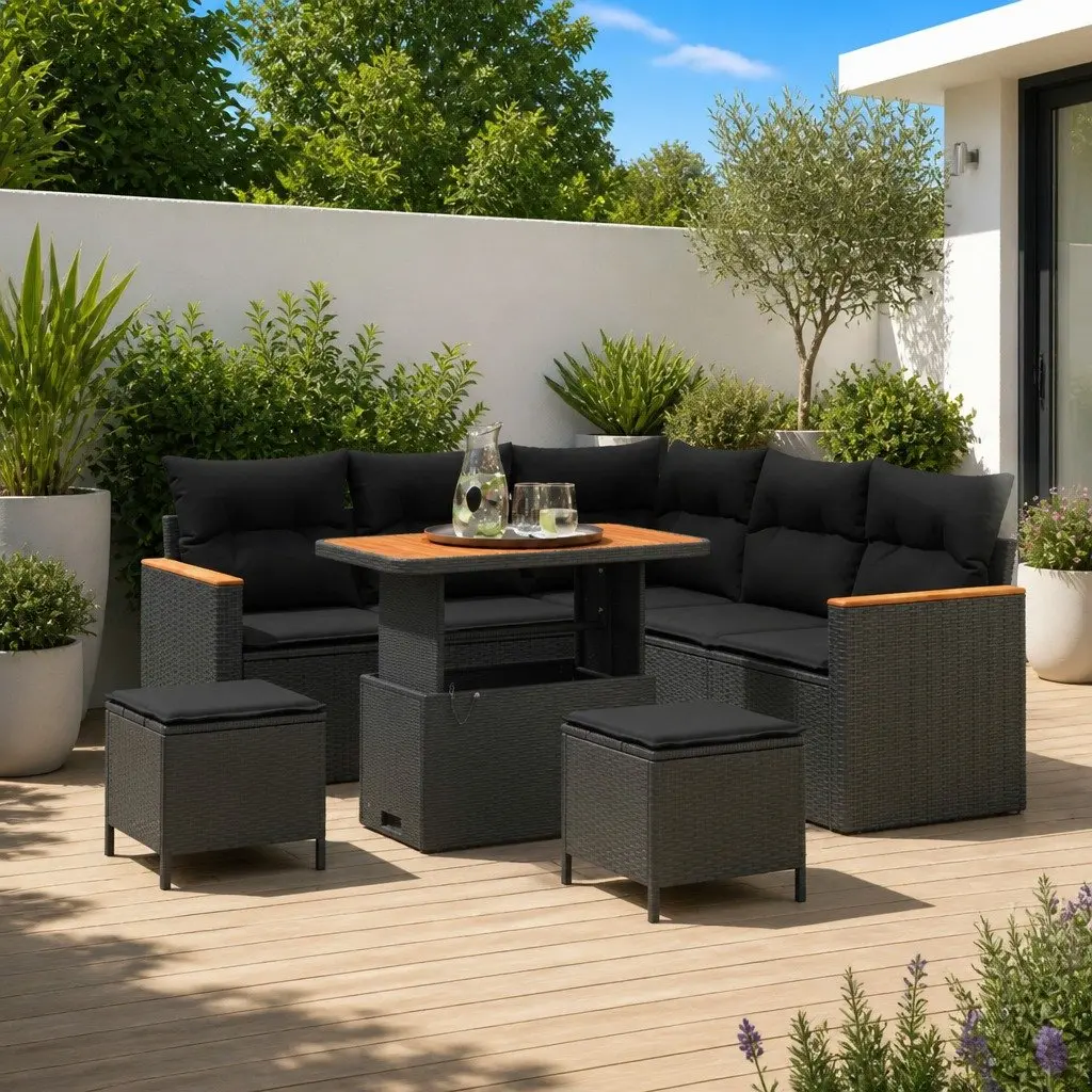 Outdoor Modular Sofa Set 8 Piece Black Poly Rattan Patio Furniture