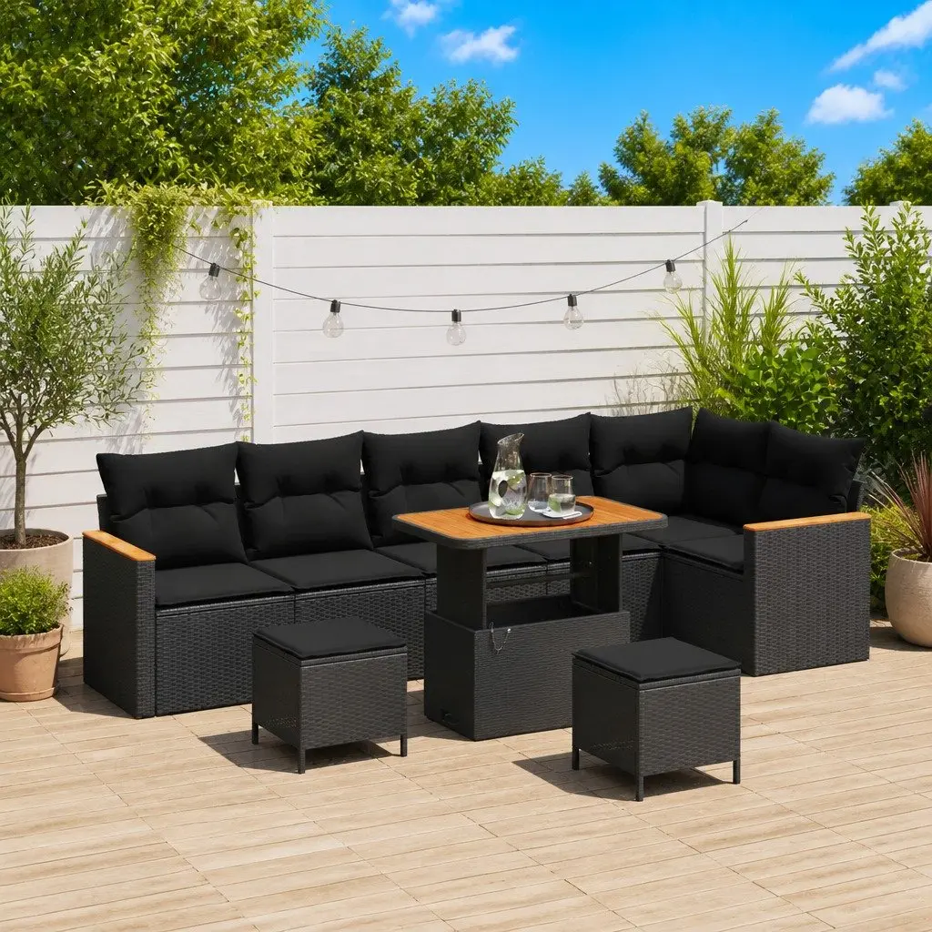 Modular Outdoor Lounge Furniture Set 9 Piece Black Poly Rattan and Acacia Wood Garden Sofa
