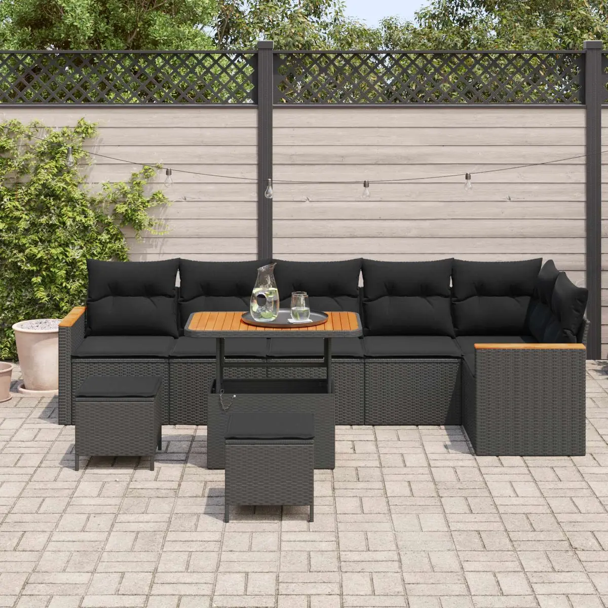 Modular Outdoor Lounge Furniture Set 9 Piece Black Poly Rattan and Acacia Wood Garden Sofa