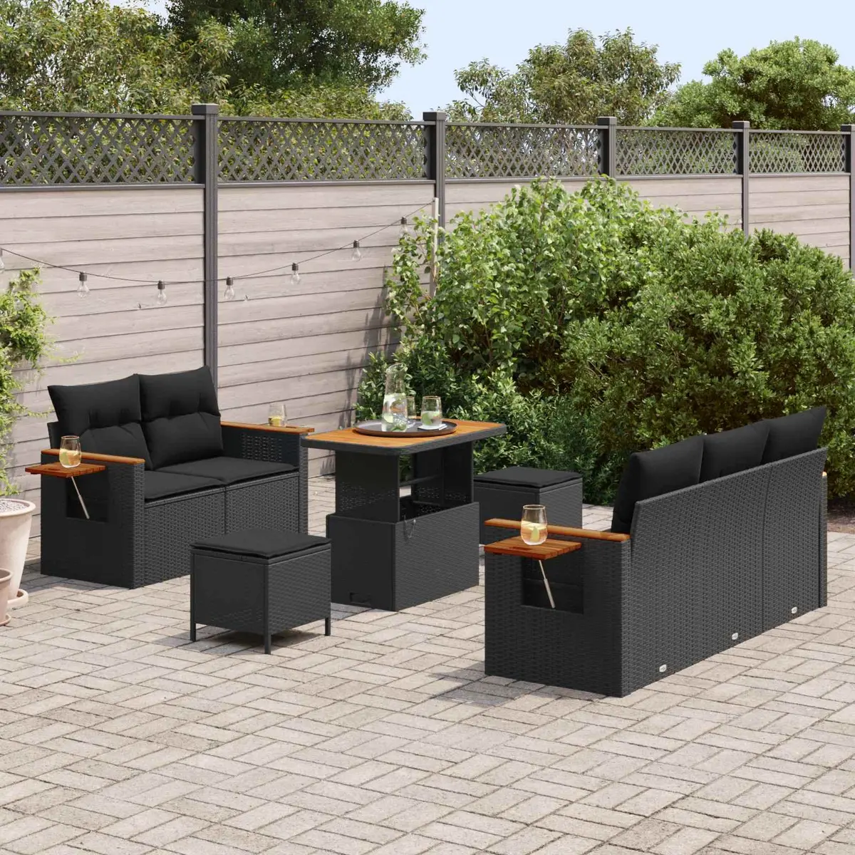 Outdoor Furniture Set 8 Piece Modular Black Poly Rattan Garden Sofa with Foam Cushions