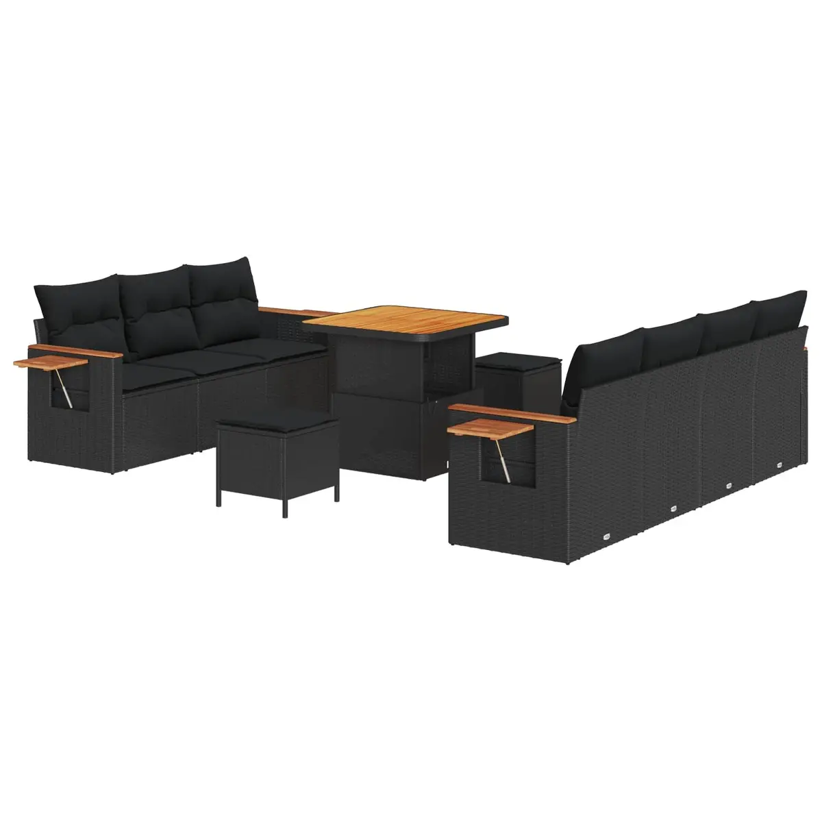 Modular Garden Sofa Set 10 Piece Outdoor Furniture Black Poly Rattan with Acacia Wood Table
