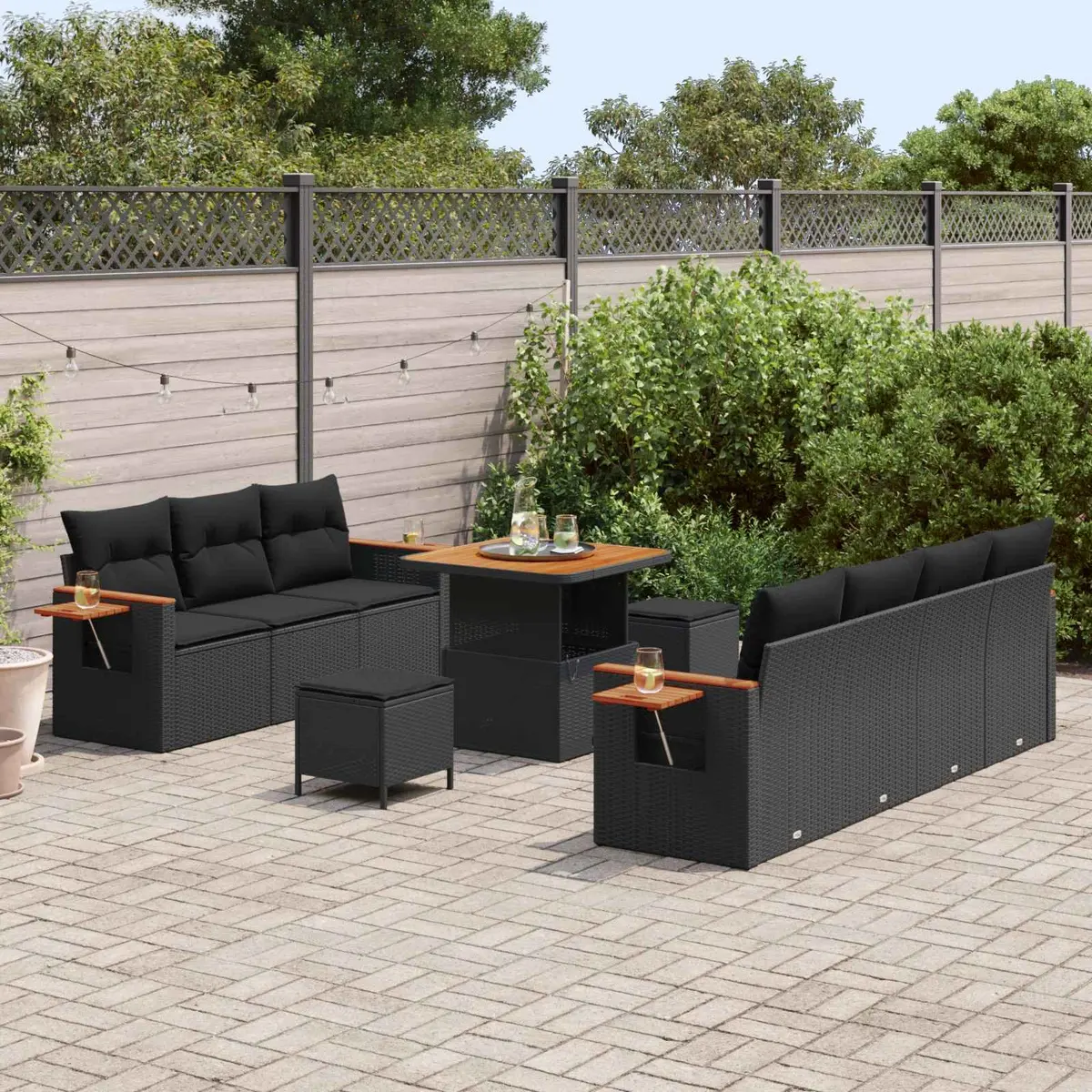 Modular Garden Sofa Set 10 Piece Outdoor Furniture Black Poly Rattan with Acacia Wood Table