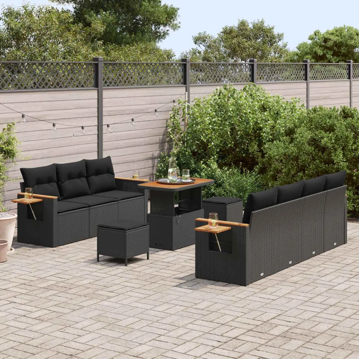Outdoor Furniture Set Modular Black Poly Rattan Sofa 10 Piece Acacia Wood Table