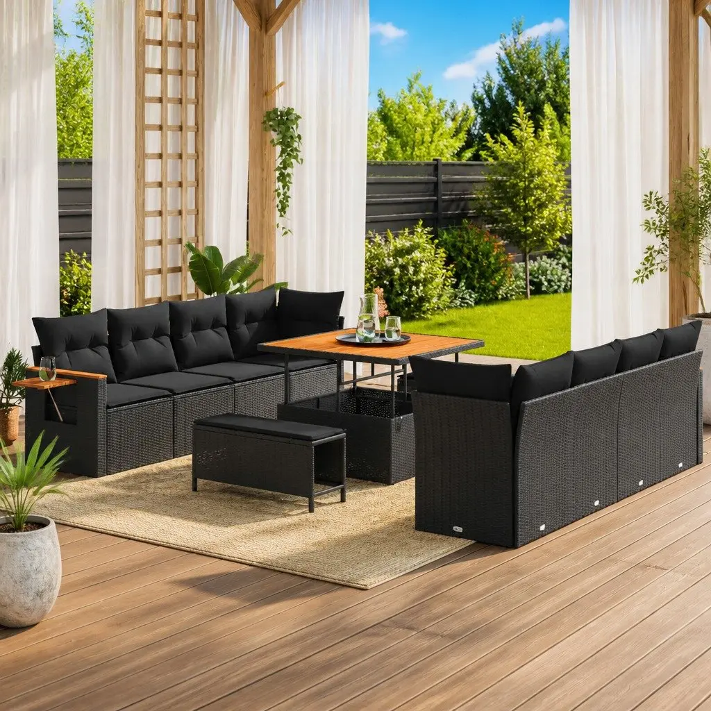 Garden Sofa Set Modular Black Poly Rattan 11 Piece Outdoor Furniture