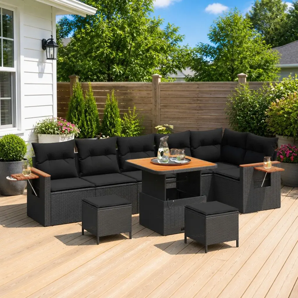 Modular Outdoor Garden Sofa Set 9 Piece Black Poly Rattan
