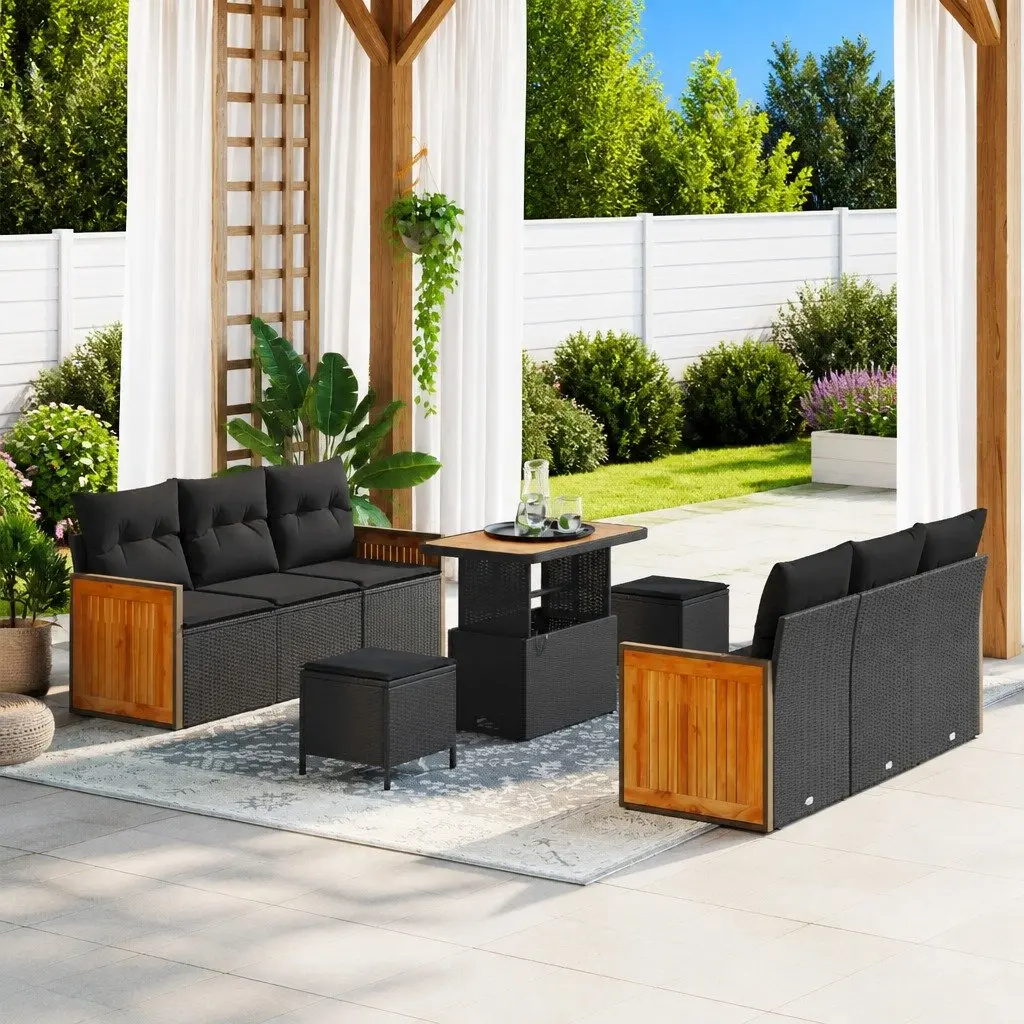 9 Piece Black Poly Rattan Modular Garden Sofa Set Outdoor Seating with Cushions