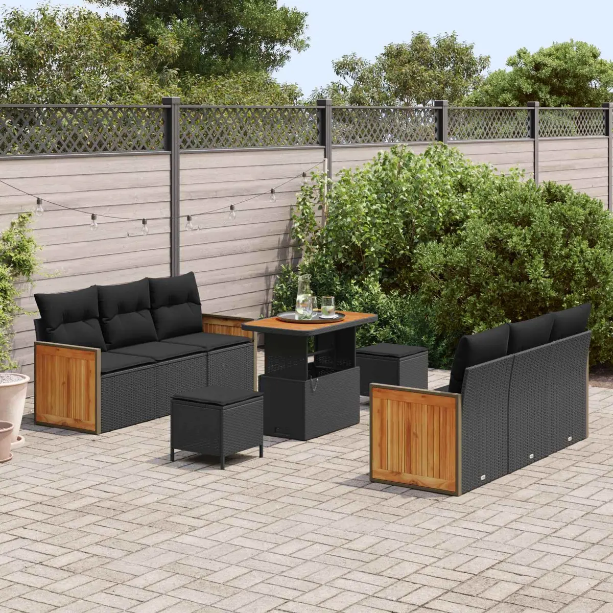 9 Piece Black Poly Rattan Modular Garden Sofa Set Outdoor Seating with Cushions