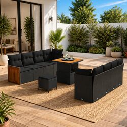 Outdoor Garden Sofa Set 11 Pieces Black Lounge Seating with Cushions