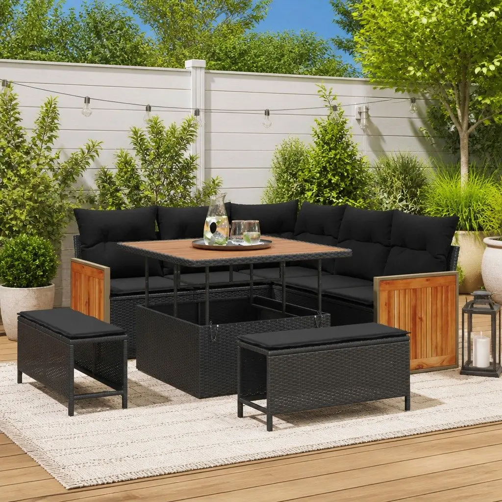 Outdoor Garden Sofa Set 8 Pieces Black Poly Rattan Steel Frame Patio Furniture