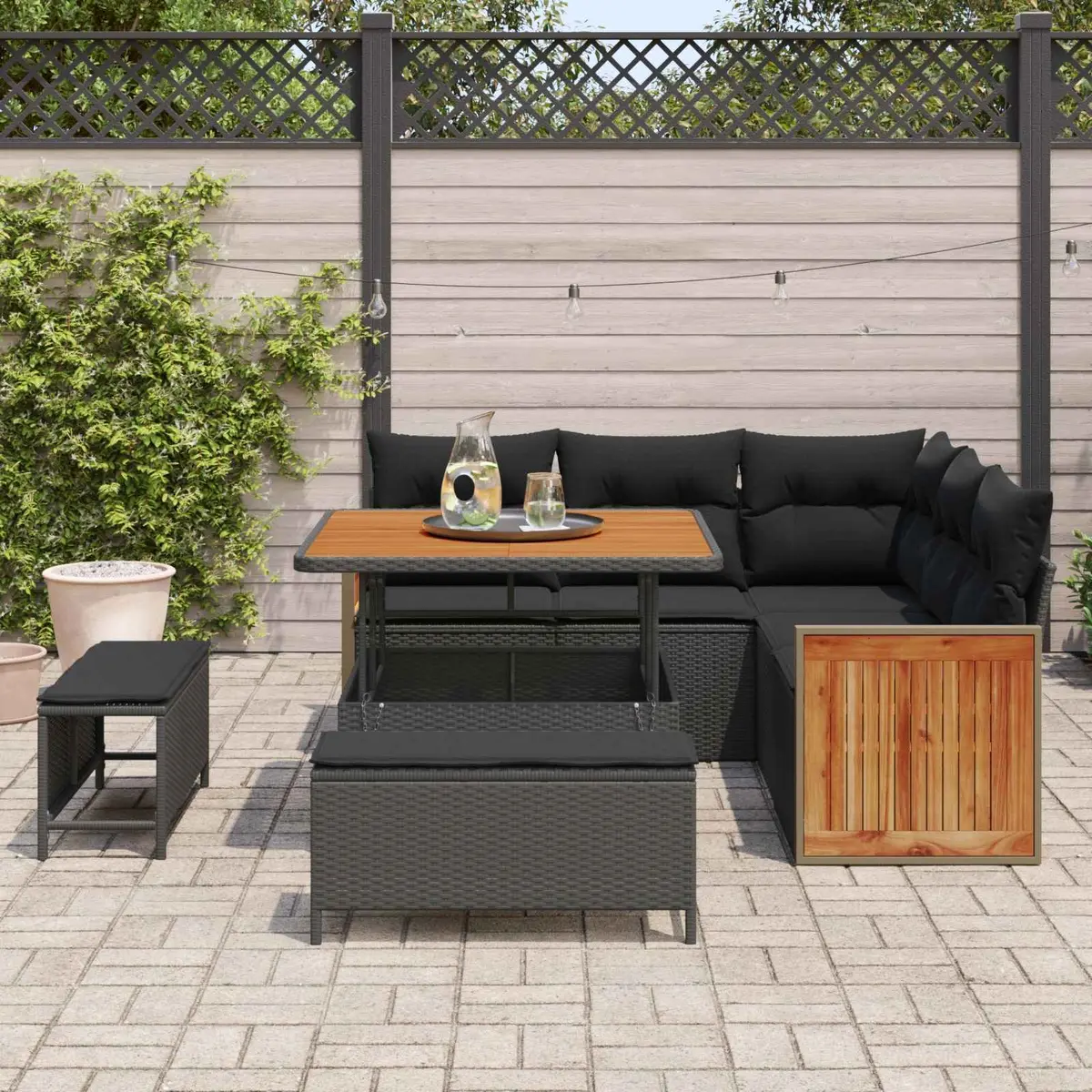 Outdoor Garden Sofa Set 8 Pieces Black Poly Rattan Steel Frame Patio Furniture