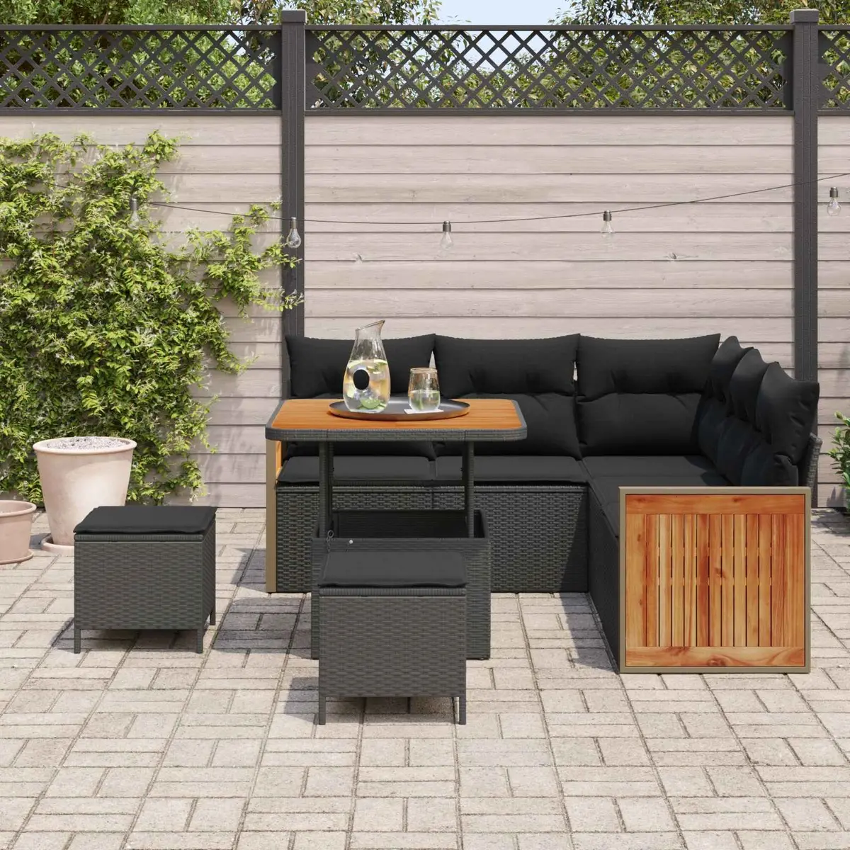 Outdoor Garden Sofa Set Modern Black Poly Rattan 8 Piece Steel Frame