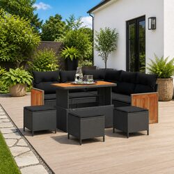 Outdoor Garden Sofa Set 9 pcs Black Poly Rattan Steel Frame Patio Lounge