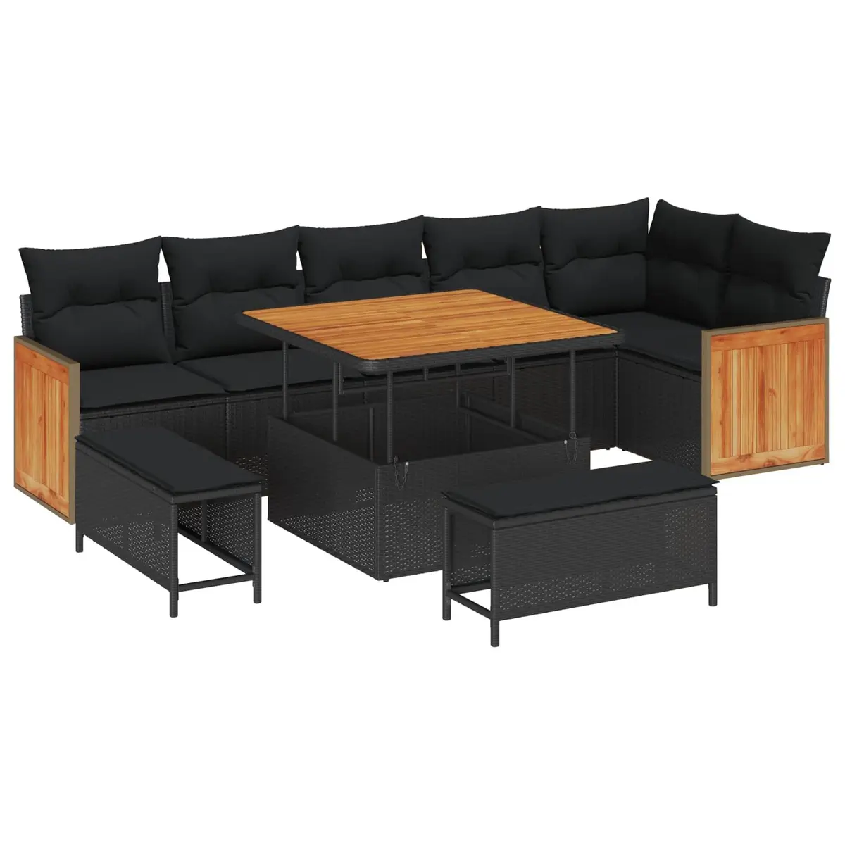 Garden Sofa Set Modern Black 9 Piece Poly Rattan Steel Frame Outdoor Seating