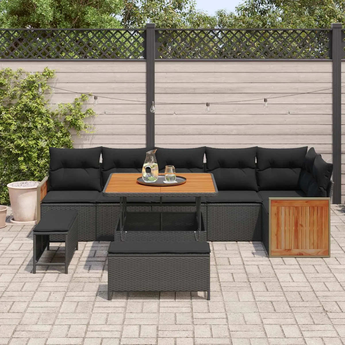Garden Sofa Set Modern Black 9 Piece Poly Rattan Steel Frame Outdoor Seating