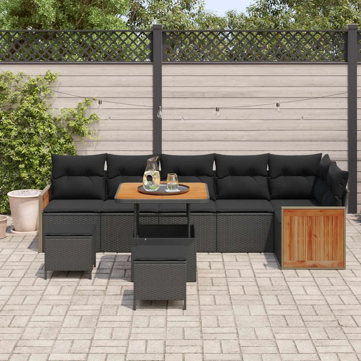 Outdoor Garden Sofa Set Black Poly Rattan Steel Frame 9 Piece