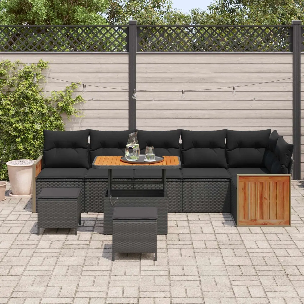 Garden Sofa Set Black Poly Rattan Steel Frame 9 Piece Outdoor Seating