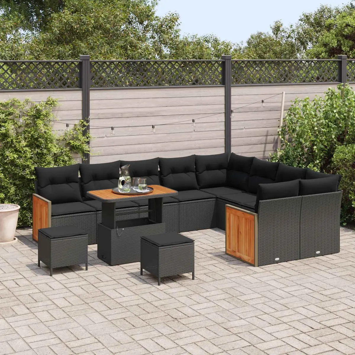 Outdoor Garden Sofa Set 12 Piece Black Poly Rattan Patio Lounge Seating Cushions