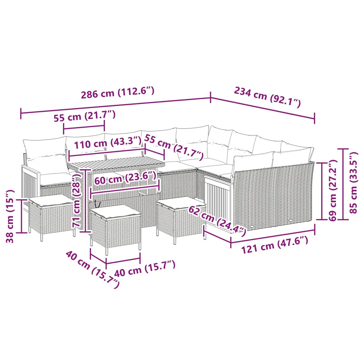 Garden Sofa Set 13-Piece Outdoor Seating Black Poly Rattan Lounge Suite