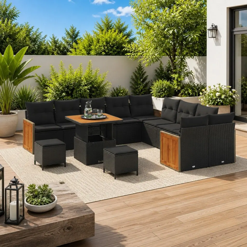 Outdoor Garden Sofa Set 13 Piece Black Poly Rattan Patio Furniture with Cushions