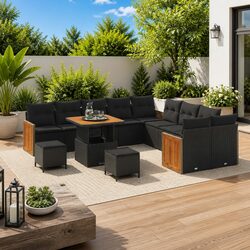 Outdoor Garden Sofa Set 13 Piece Black Poly Rattan Patio Furniture with Cushions