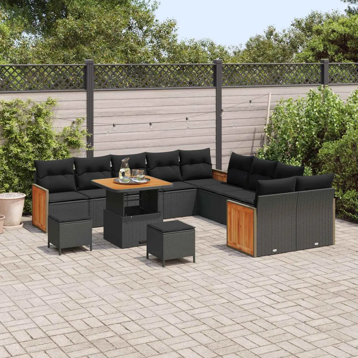 Outdoor Garden Sofa Set 13 Piece Black Poly Rattan Patio Furniture with Cushions