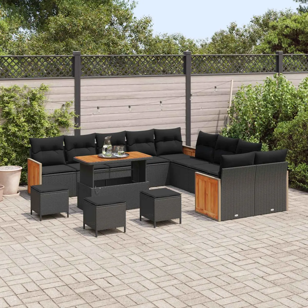 Outdoor Garden Sofa Set Black Poly Rattan 14 Pieces with Cushions