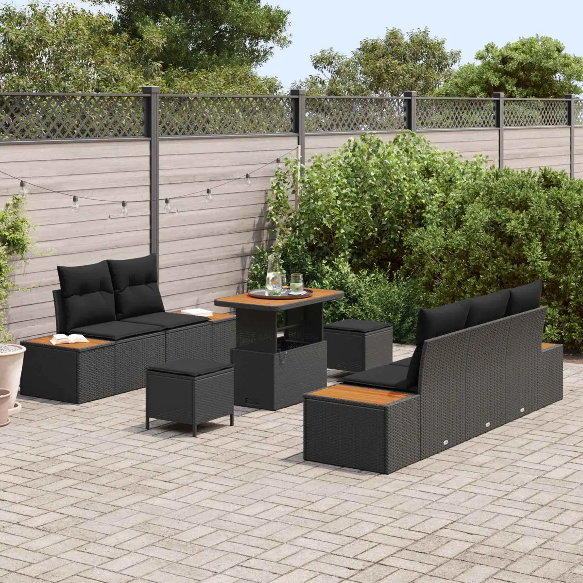 8 Piece Modular Outdoor Sofa Set Black Poly Rattan Steel Frame with Solid Acacia Wood Armrests