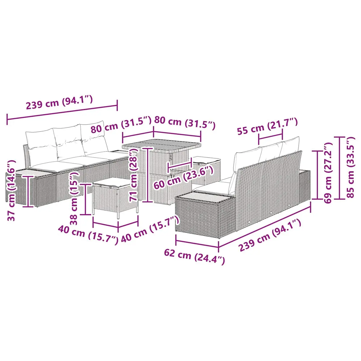 Outdoor Garden Sofa Set 9 Pcs Black Poly Rattan Steel Frame Modular Seating