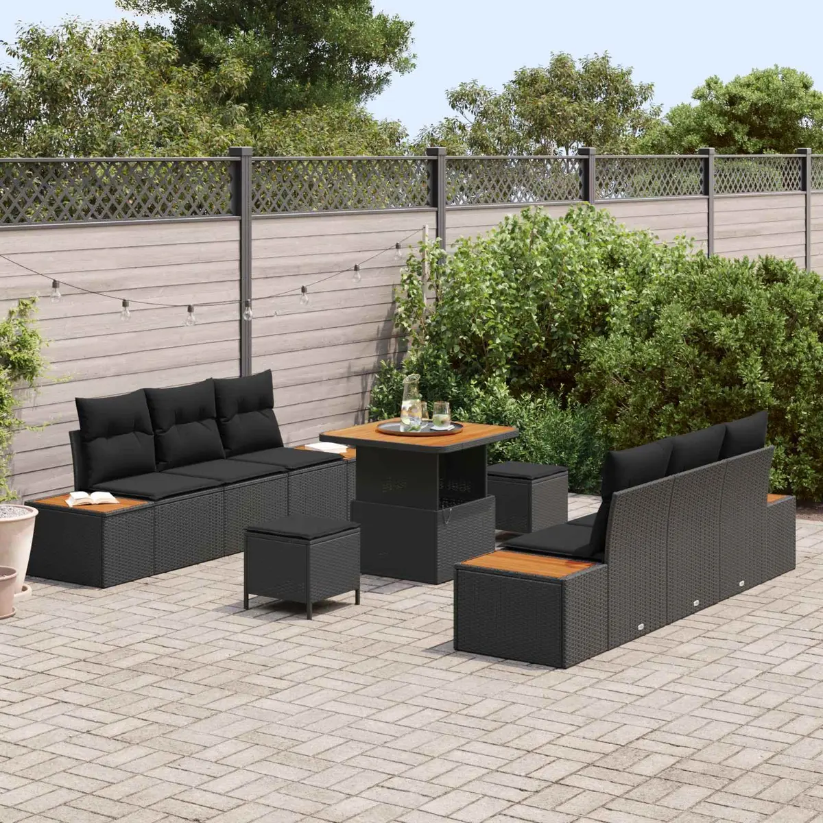 Outdoor Garden Sofa Set 9 Pcs Black Poly Rattan Steel Frame Modular Seating