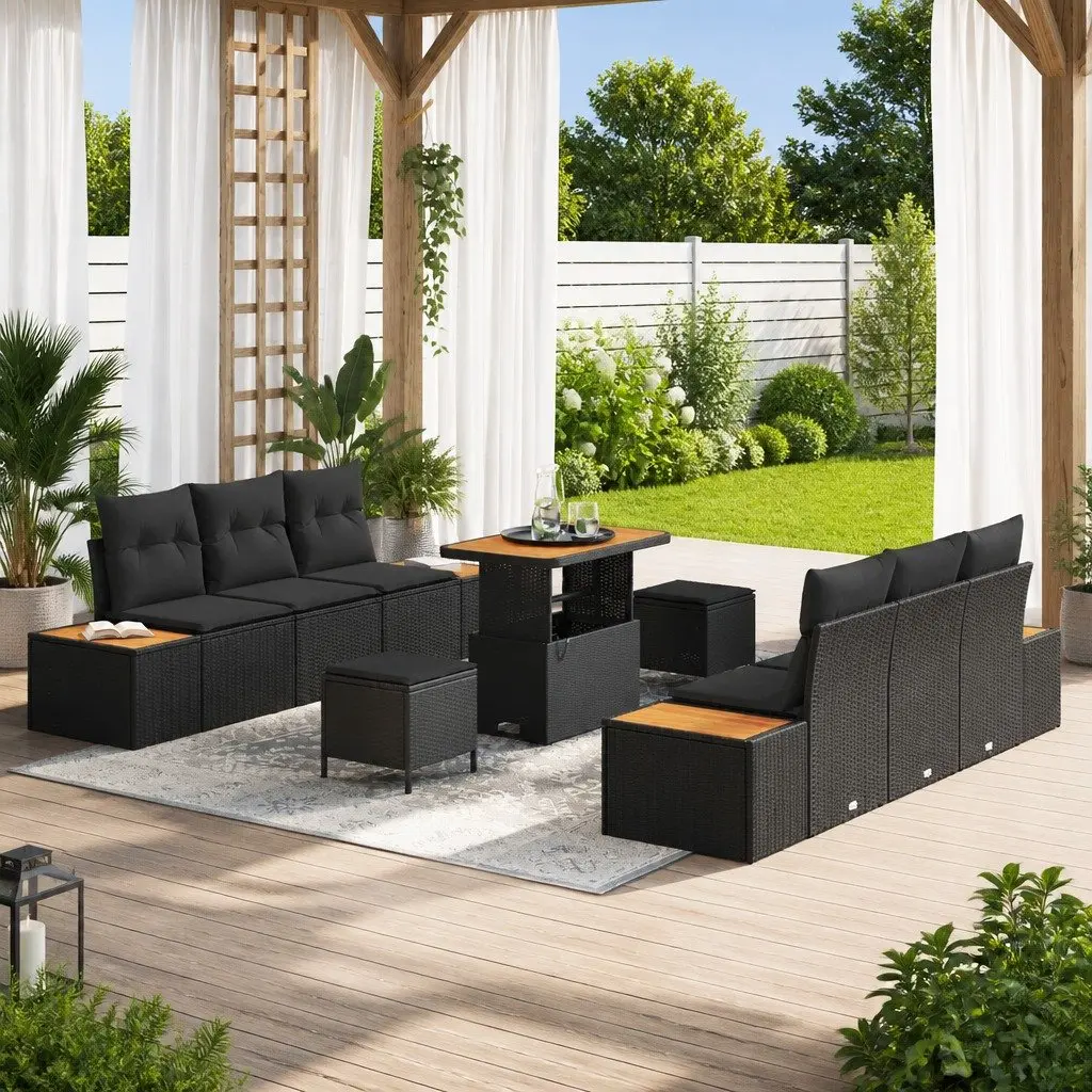 Outdoor Garden Sofa Set Modern Black Poly Rattan Steel Frame 9 Pieces