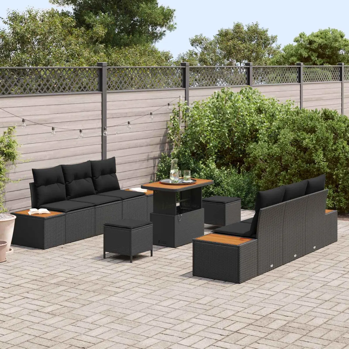 Outdoor Garden Sofa Set Modern Black Poly Rattan Steel Frame 9 Pieces