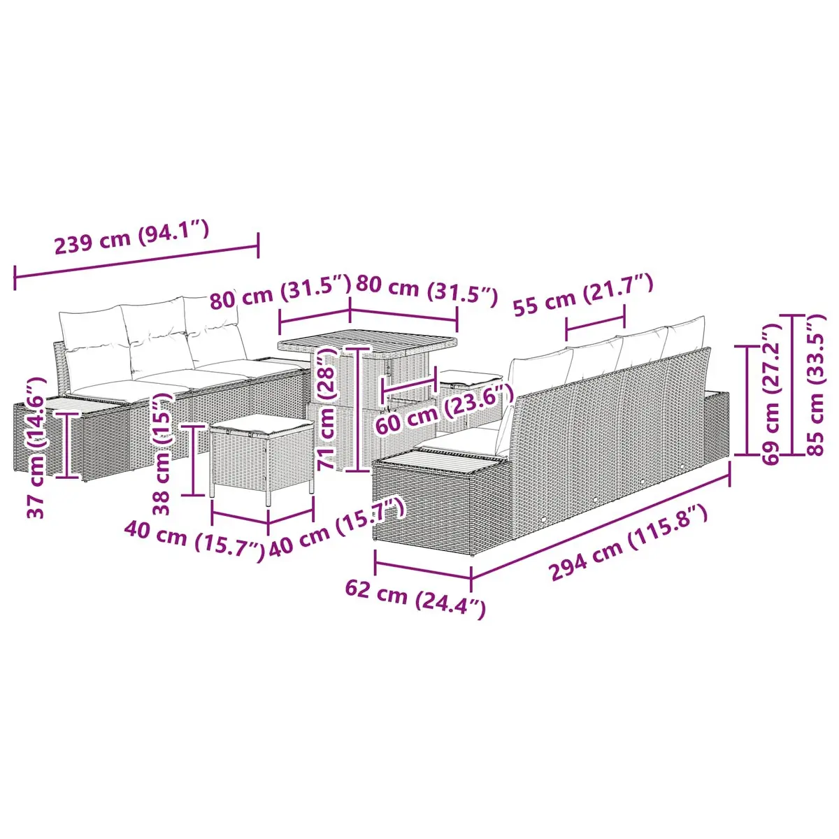 10 Piece Modular Outdoor Sofa Set Black Poly Rattan with Cushions Height Adjustable Tabletop
