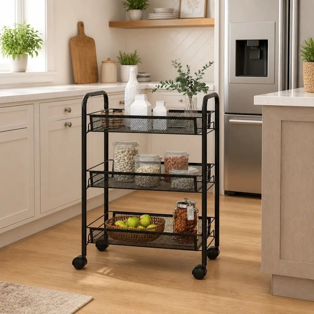 3-Tier Kitchen Trolley Black Storage Cart with Wheels Removable Mesh Baskets