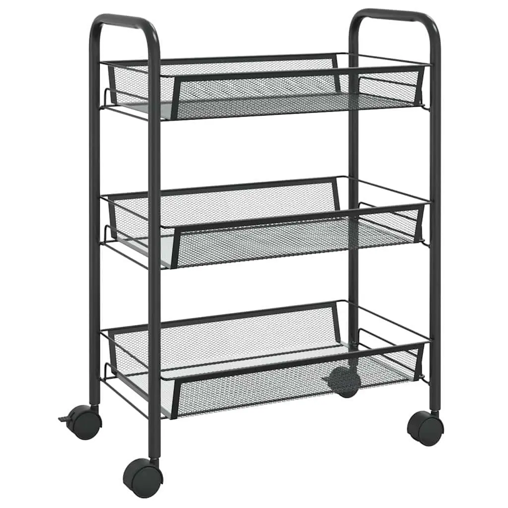 3-Tier Kitchen Trolley Black Storage Cart with Wheels Removable Mesh Baskets