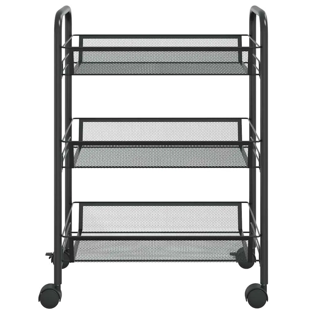3-Tier Kitchen Trolley Black Storage Cart with Wheels Removable Mesh Baskets