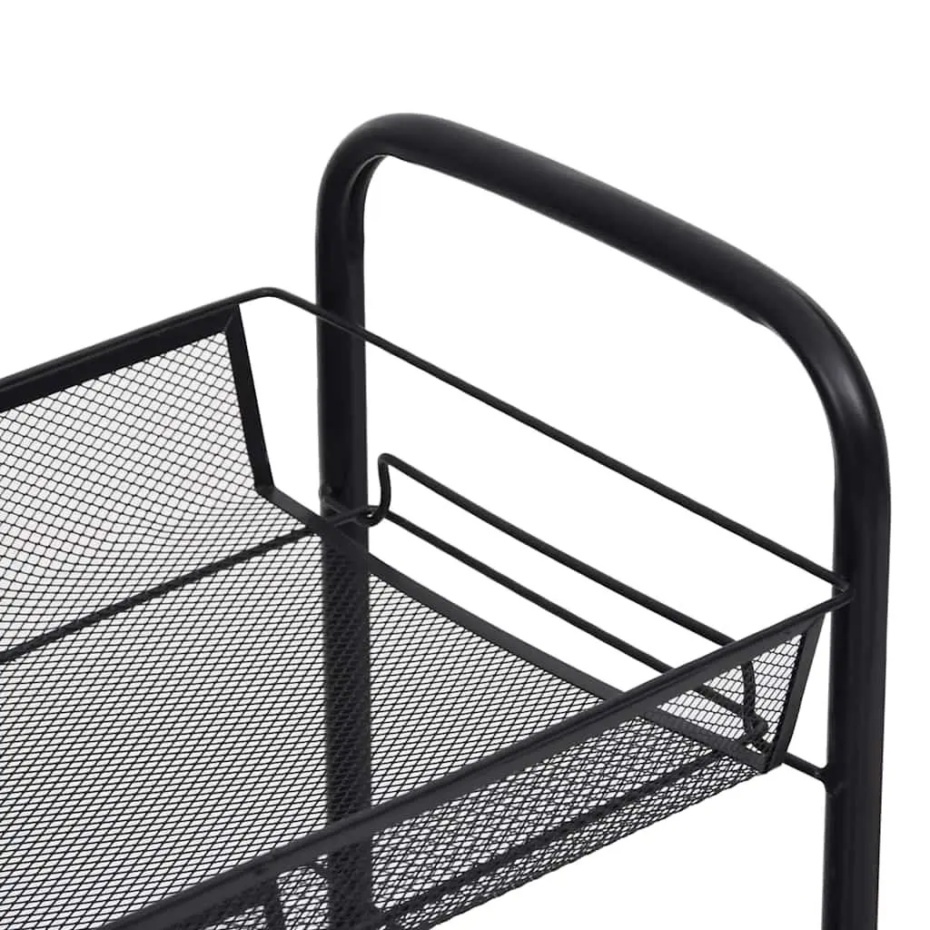 3-Tier Kitchen Trolley Black Storage Cart with Wheels Removable Mesh Baskets