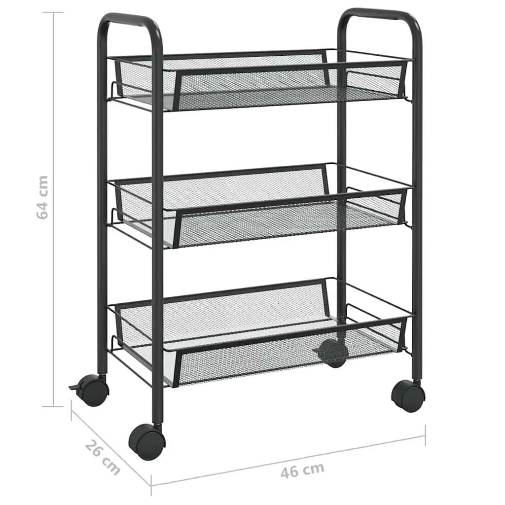 3-Tier Kitchen Trolley Black Storage Cart with Wheels Removable Mesh Baskets