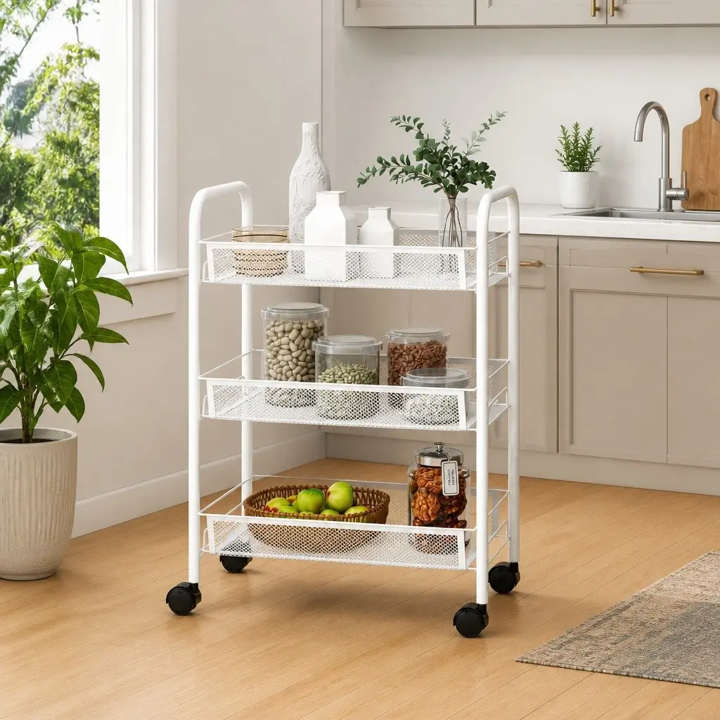 3-Tier Kitchen Trolley White Storage Cart Organiser Removable Mesh Baskets Wheels