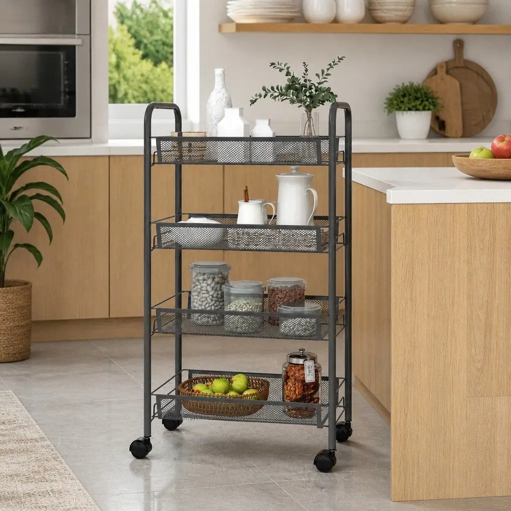 4-Tier Kitchen Trolley Grey Removable Mesh Baskets 46 x 26 x 85 cm