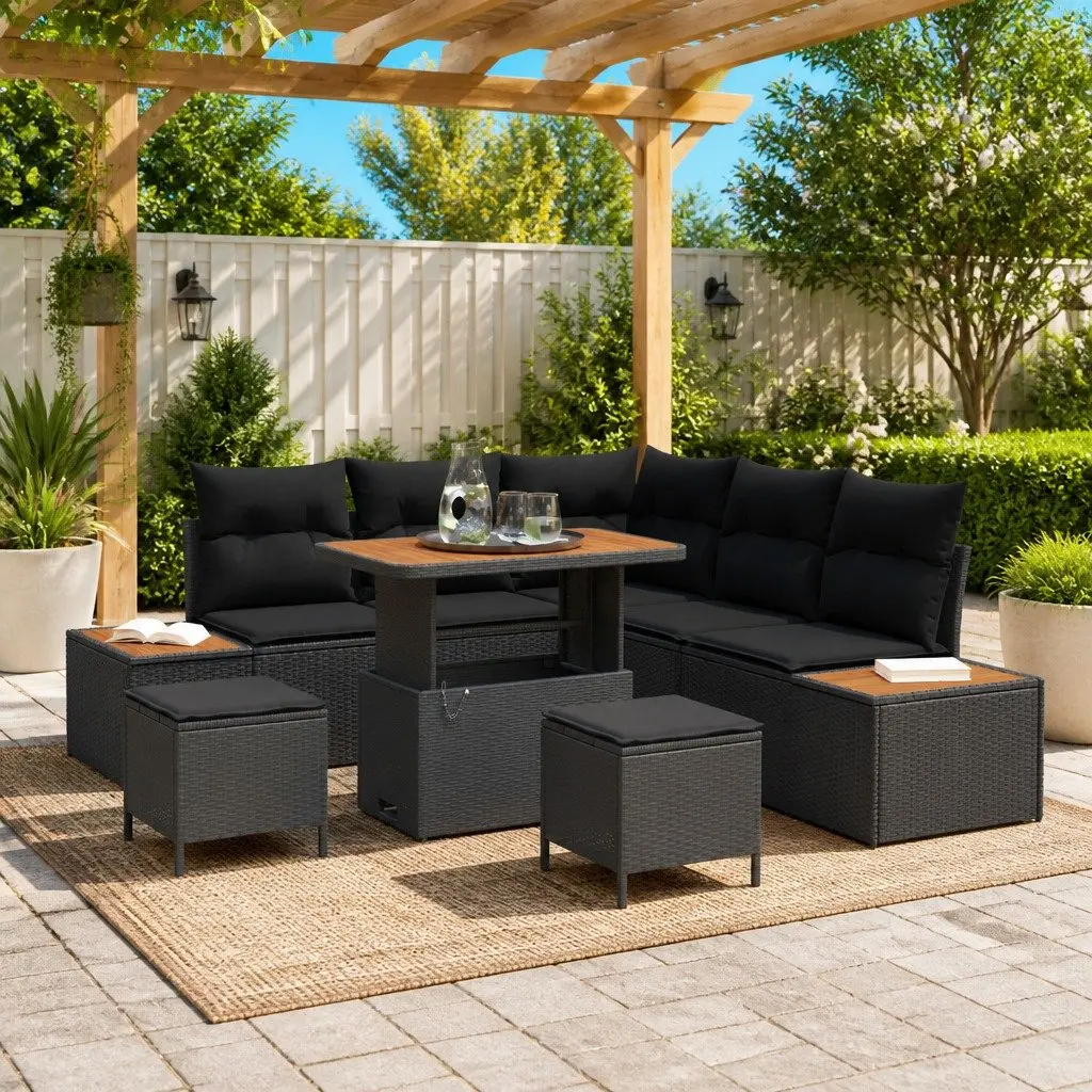Modular Outdoor Sofa Set 8 Piece Black Poly Rattan Steel Frame for Patio Garden