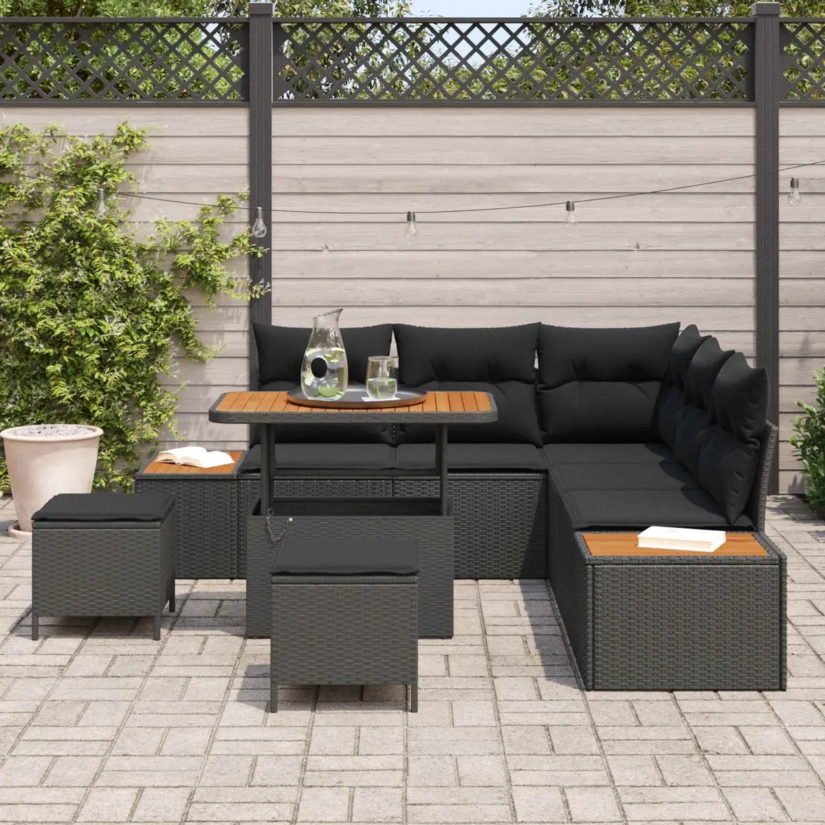 Modular Outdoor Sofa Set 8 Piece Black Poly Rattan Steel Frame for Patio Garden