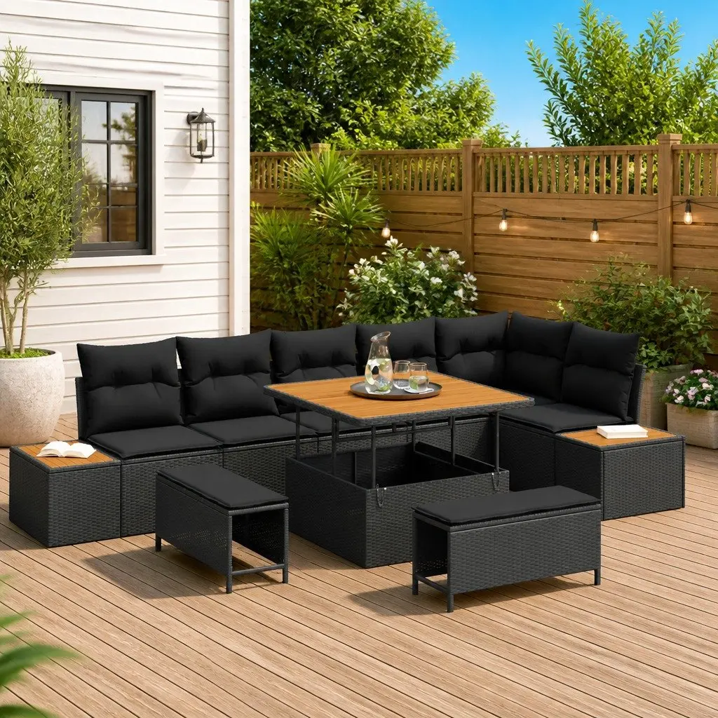 Outdoor Garden Sofa Set Modular Rattan Steel 9 Piece Black